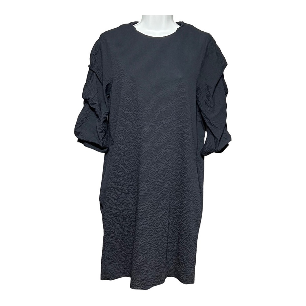 COS Navy Textured Puff Sleeve Tunic Dress Small Pockets Shift Dress